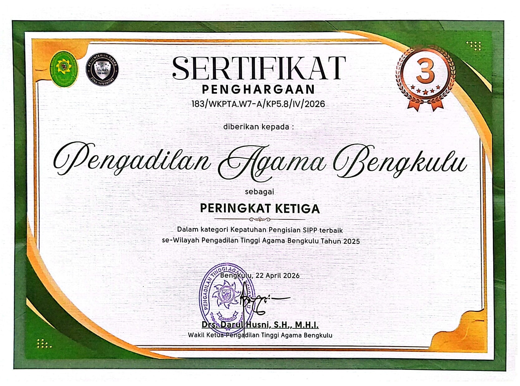 Peringkat Ketiga Kepatuhan Pengisian SIPP 2025 001