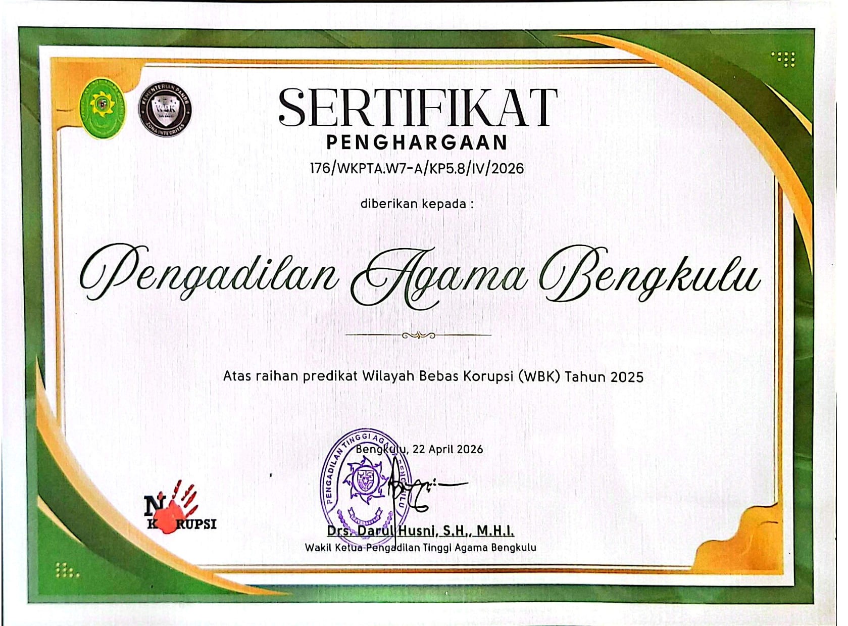 Raihan Predikat Wilayah Wilayah Bebas Korupsi WBK 2025